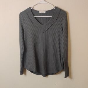 Workshop Republic Clothing Ribbed V-Neck Long Sleeve Tee - Gray